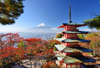 Temple in Japan with Mount Fuji nearby
