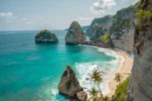 beautiful Beach in Bali with palm trees and cliffs