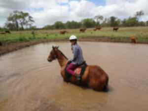 A traveller riding a horse through deep water