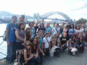 Gillian with fellow travellers in front of Sydney Harbour Bridge