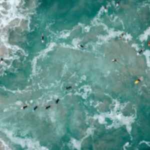 Top-down view of surfers paddling on foamy blue green water