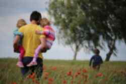 A man walking with children through a field of poppies