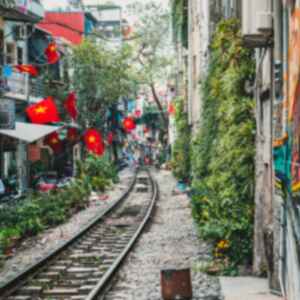 train tracks though the busy streets of Hanoi, Vietnam