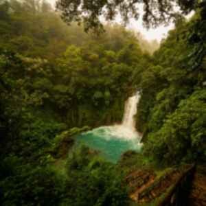 A waterfall in the middle of a lush green forst in Costa Rica